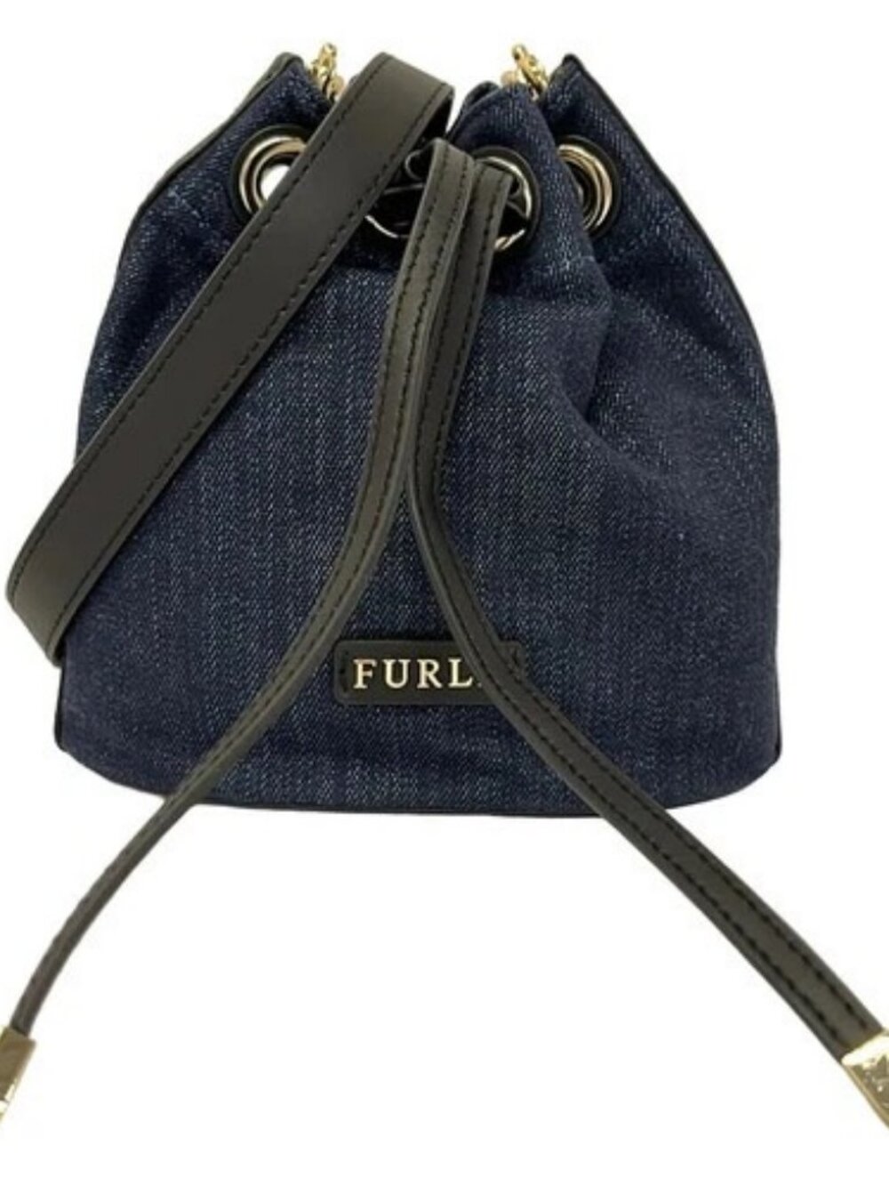 FURLA Navy Black Denim Leather Shoulder Bag